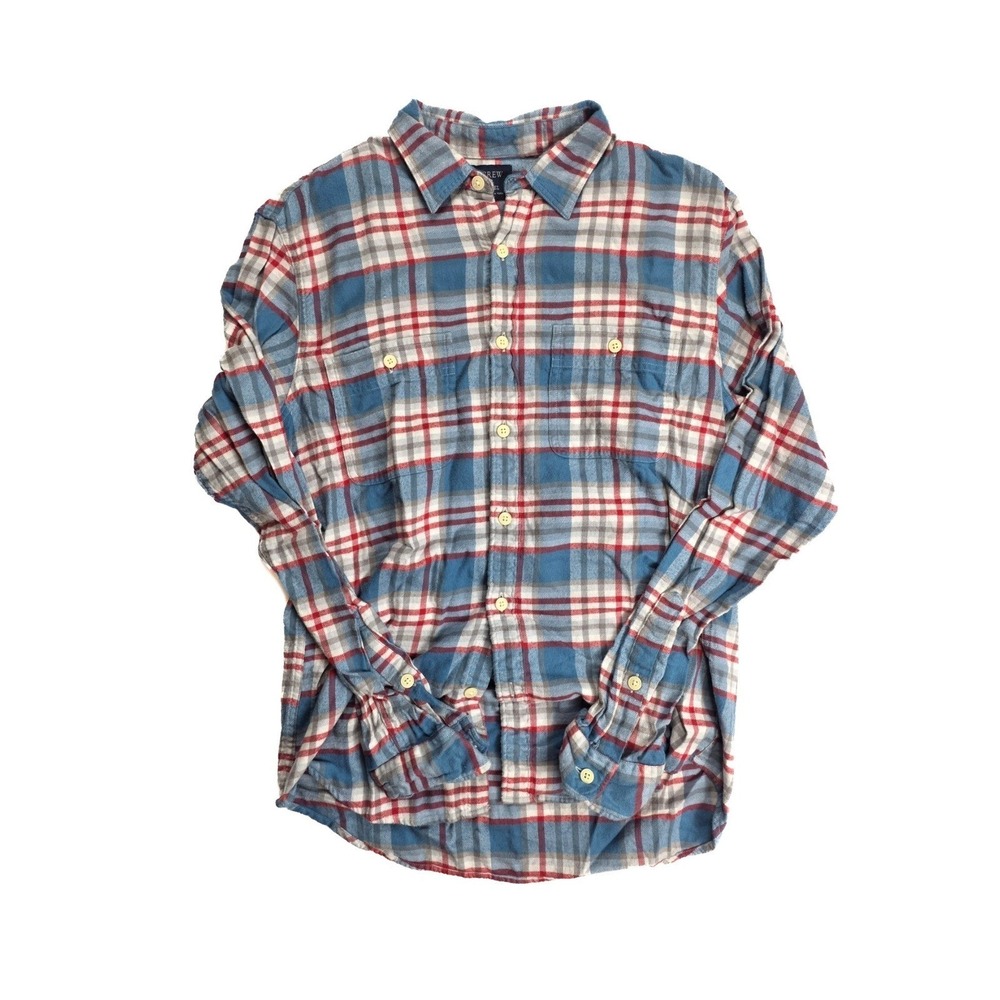 J. Crew NY Flannel Blue Red Plaid Chest Pockets Button Up L/S‎ Men's Medium